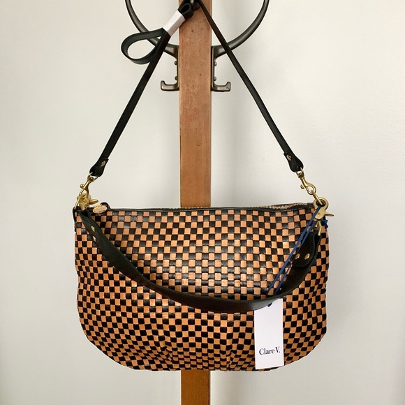 Clare V. Moyen Messenger Bag Woven Check Leather NEW - Picture 4 of 16